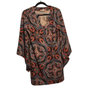 Aryeh Tunic Dress – Size L – Brown, Teal, Orange, White – Soft Polyester– Boho